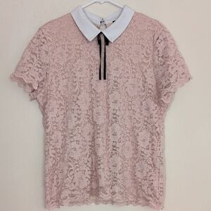 Karl Lagerfeld Pink Lace Blouse White Collar Short Sleeve Keyhole Back - Size L